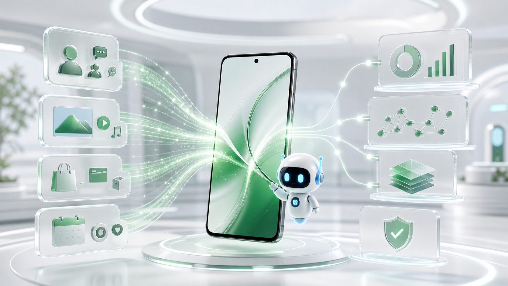 Cinematic OPPO-style mobile memory ecosystem with phone, assistant, and connected memory modules.