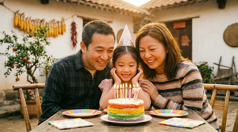 A family photo around a birthday cake returned by MobileMem.